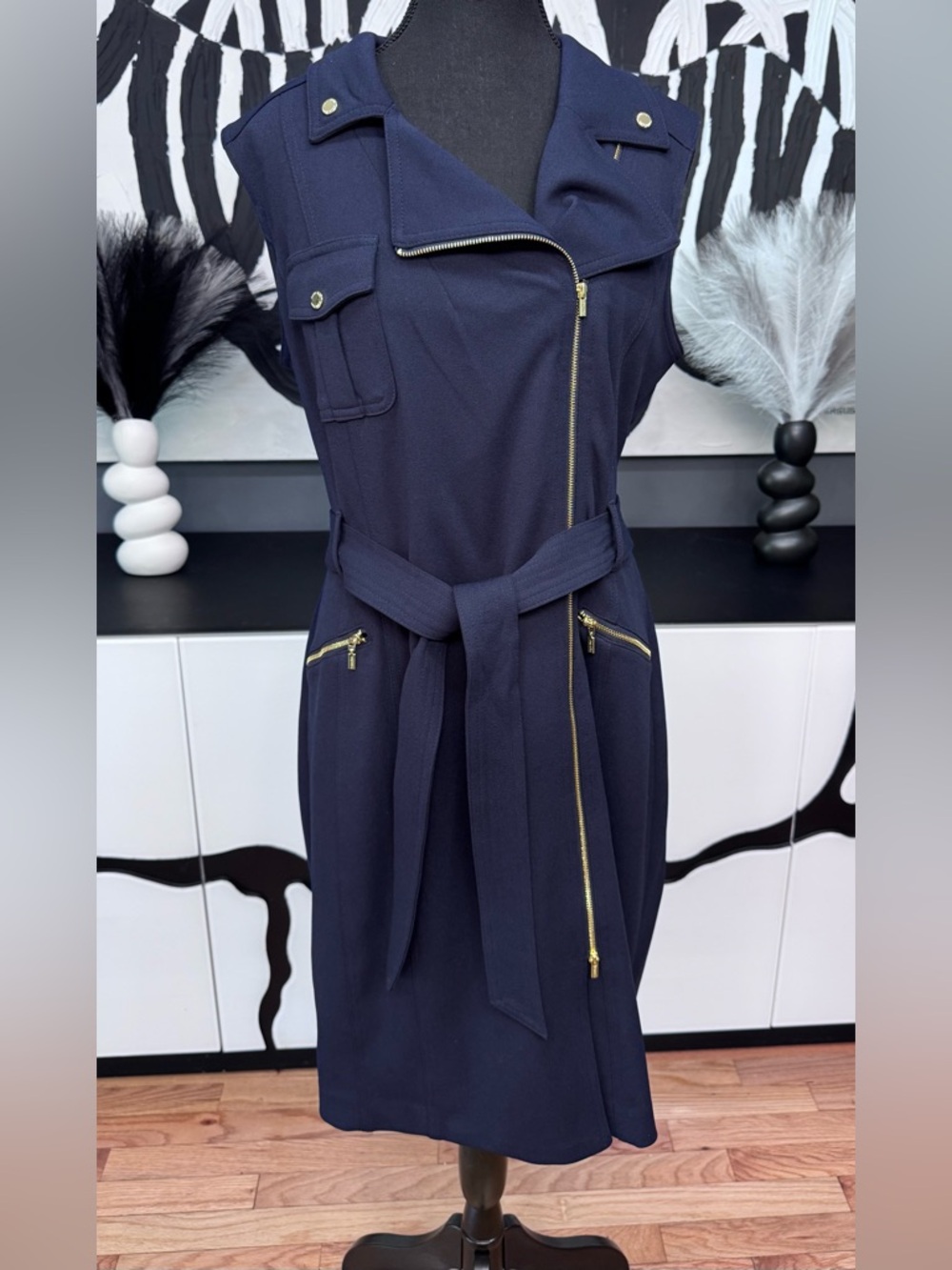 Calvin Klein Navy Sleeveless Zip Belt Midi Dress Gold Detail Size 12 NWOT